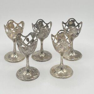 Antique Japan Metal Silver Plated Grape Grecian Cordial Glass Inserts 5 Cups